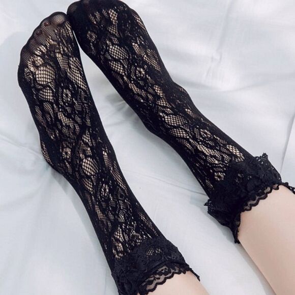 Gothic Black Lace Socks with Ruffle on top Elegant, Feminine Dark Cottagecore - Picture 2 of 3